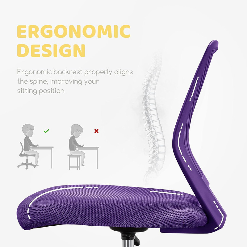 Cute Purple Low-Back Armless Study Chair with Lumbar Support & Swivel gallery
