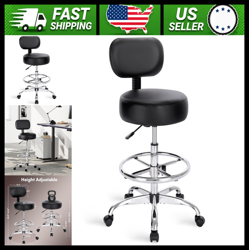 Superjare Adjustable Drafting Chair with Back, Rolling Stool, Black