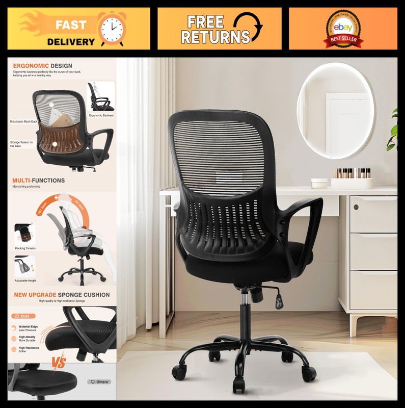 Ergonomic Mid-Back Mesh Office Chair – 360° Swivel, Lumbar Support, Comfy Arms