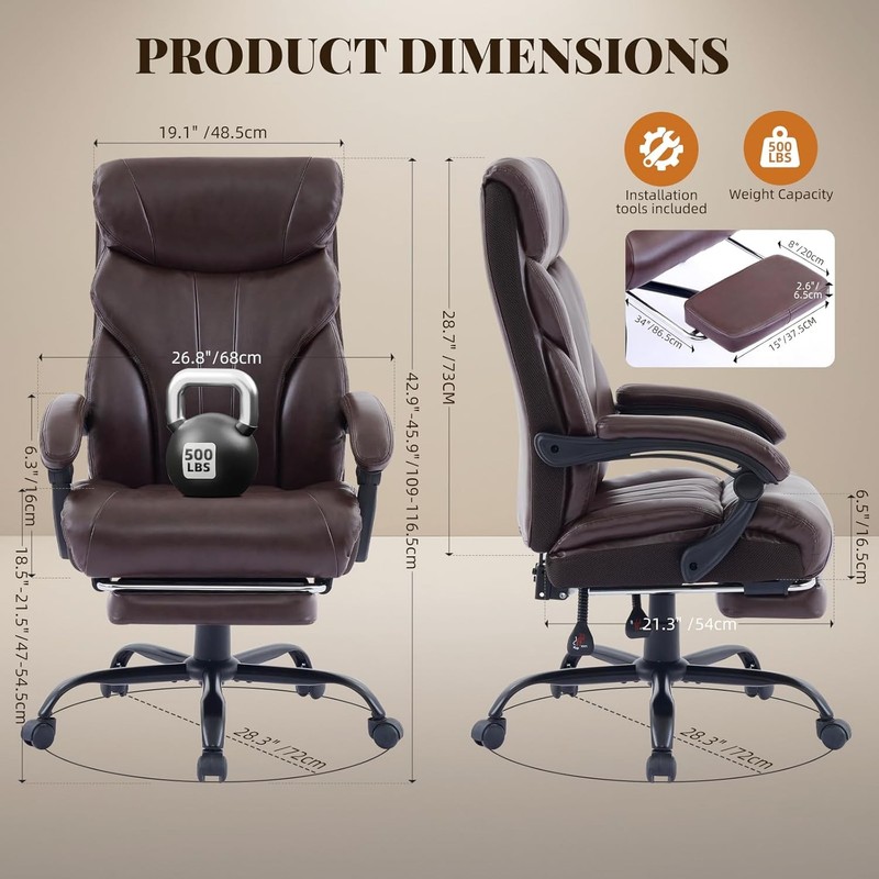 500lbs Big and Tall Office Chair with Footrest, Wide Ergonomic Computer Chair gallery