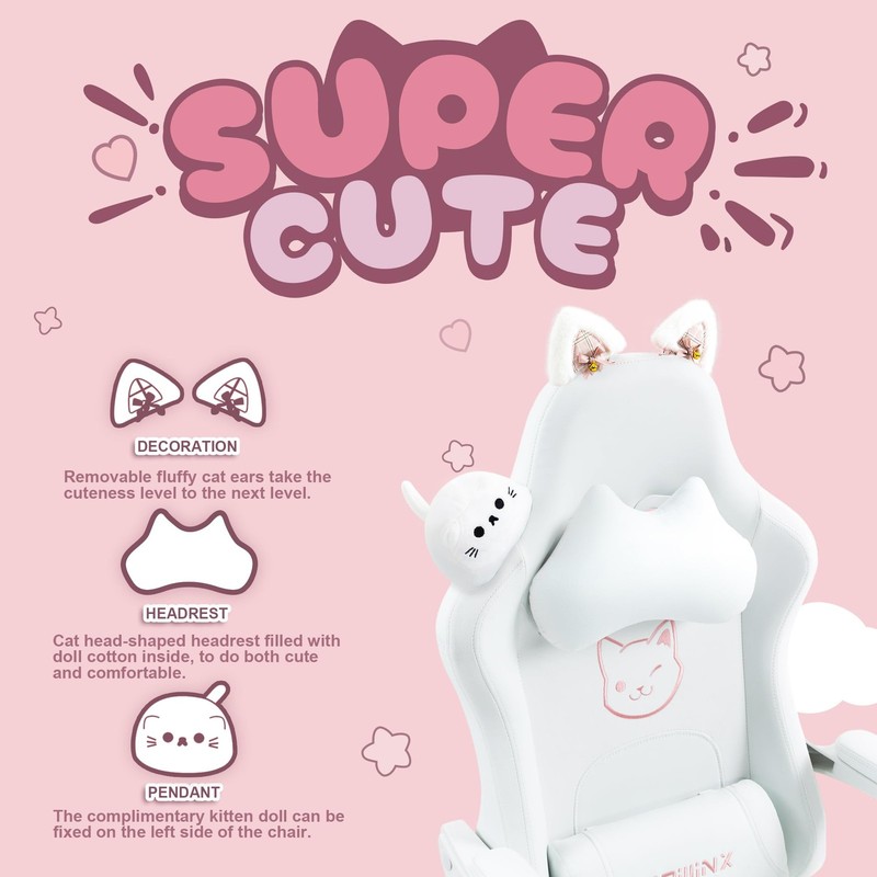 Gaming Chair Cute with Cat Ears and Massage Lumbar Support, Ergonomic Compute... gallery
