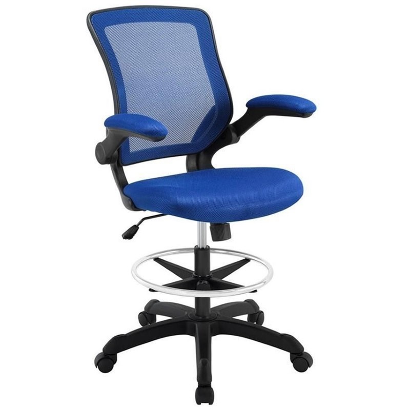 Pemberly Row Modern Mesh Fabric & Metal Drafting Chair in Blue