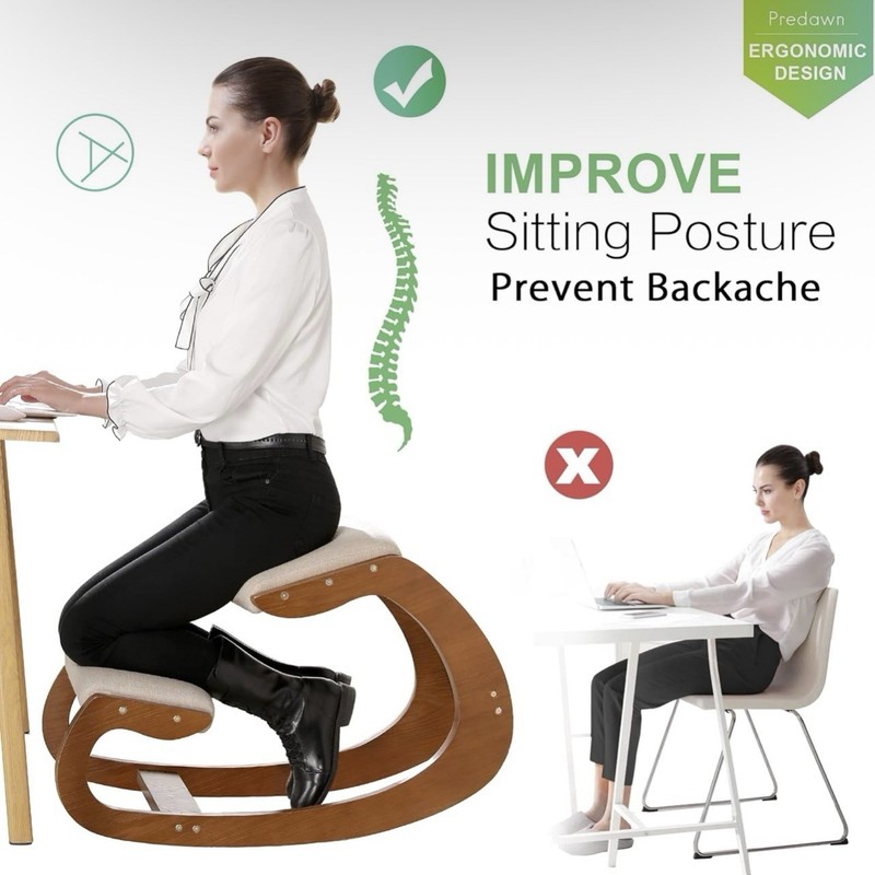 Ergonomic Kneeling Chair Rocking Wooden Posture Stool with Linen Cushion gallery