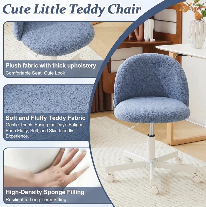 Blue Teddy Fleece Office Chair, Adjustable Height, 300 lbs Capacity, Silent Whe… gallery