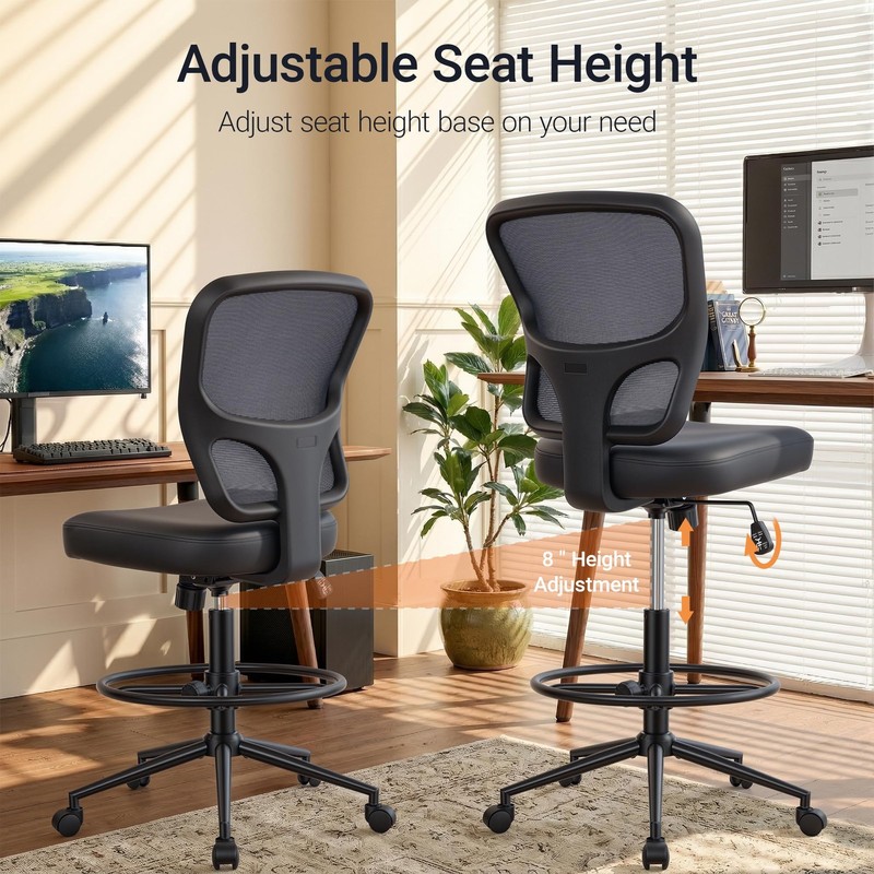Armless Office Chair with Footrest, PU Leather Swivel Desk Chair, Adjustable ... gallery