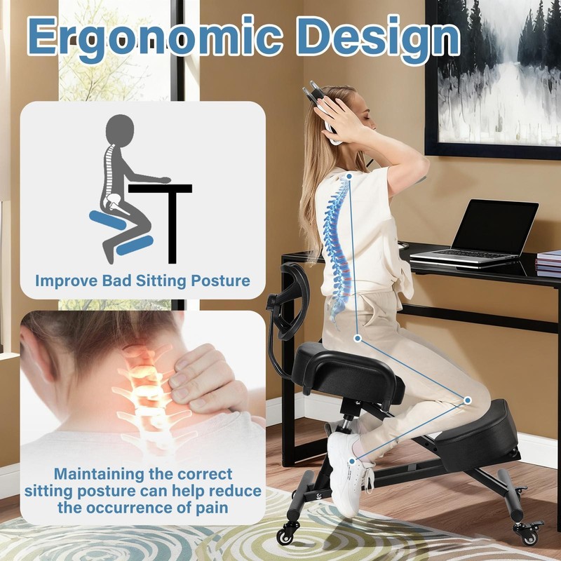 Ergonomic Kneeling Chair Black Adjustable Posture Stool With Angled Seat Black gallery