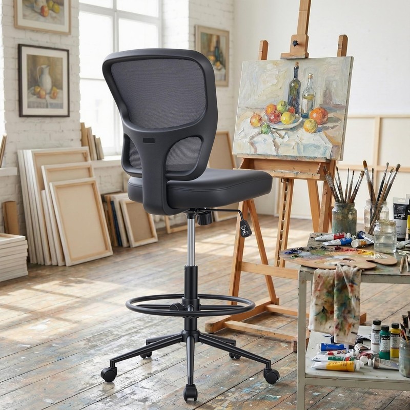 Armless Office Chair with Footrest, PU Leather Swivel Desk Chair, Adjustable ... gallery