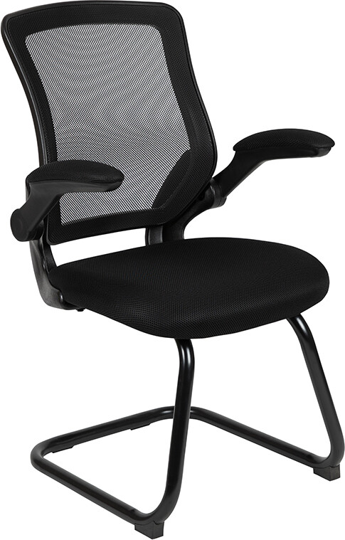 Black Mesh Sled Base Side Reception Chair with Mesh Fabric Seat and Flip-Up Arms