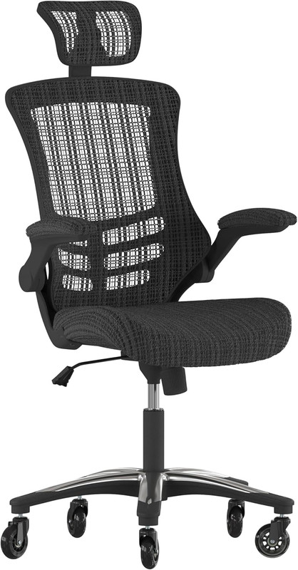 Ergonomic High-Back Black Mesh Office Chair with Flip-Up Arms & Roller Wheels