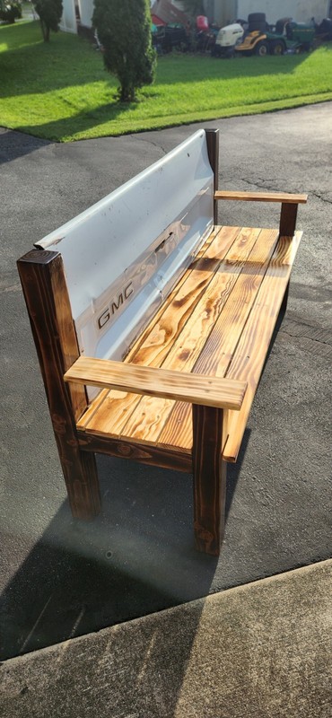White Early 80s GMC Tailgate Bench Dark Walnut Stain and Torched Wood Finish gallery
