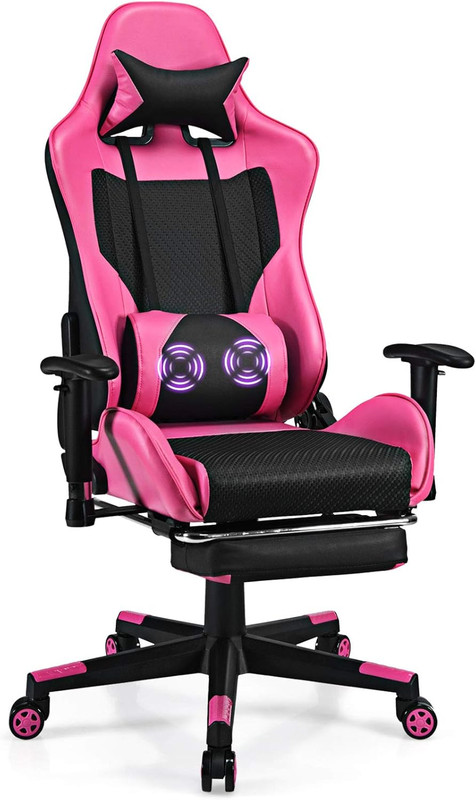 Massage Gaming Chair Pink, Ergonomic Video Game Chair with Footrest, High Back E
