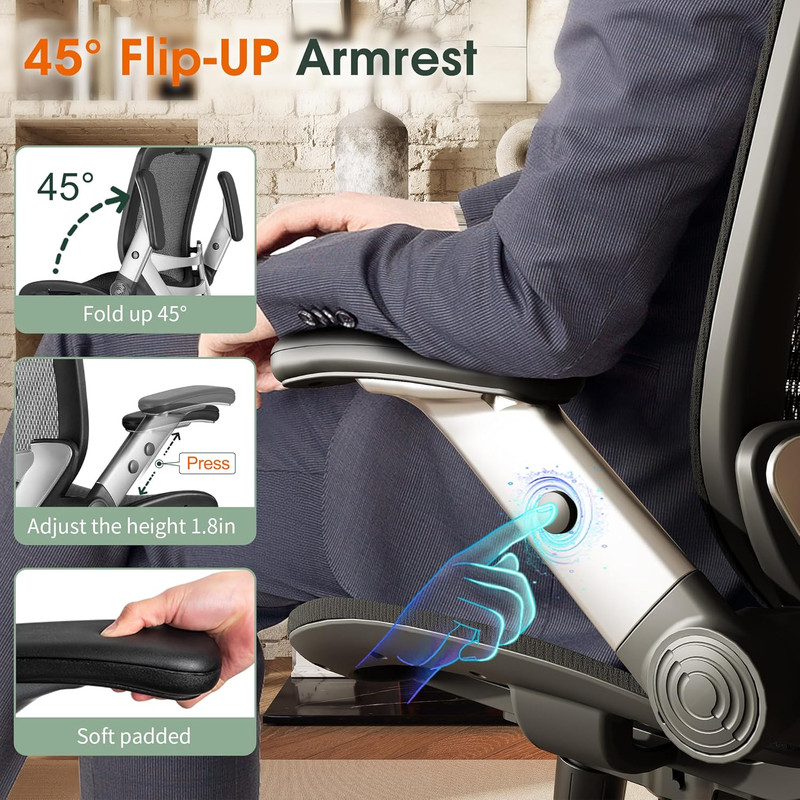 Ergonomic Office Chair, High Back Home Desk Chair with Headrest, Flip-Up Arms, 9 gallery
