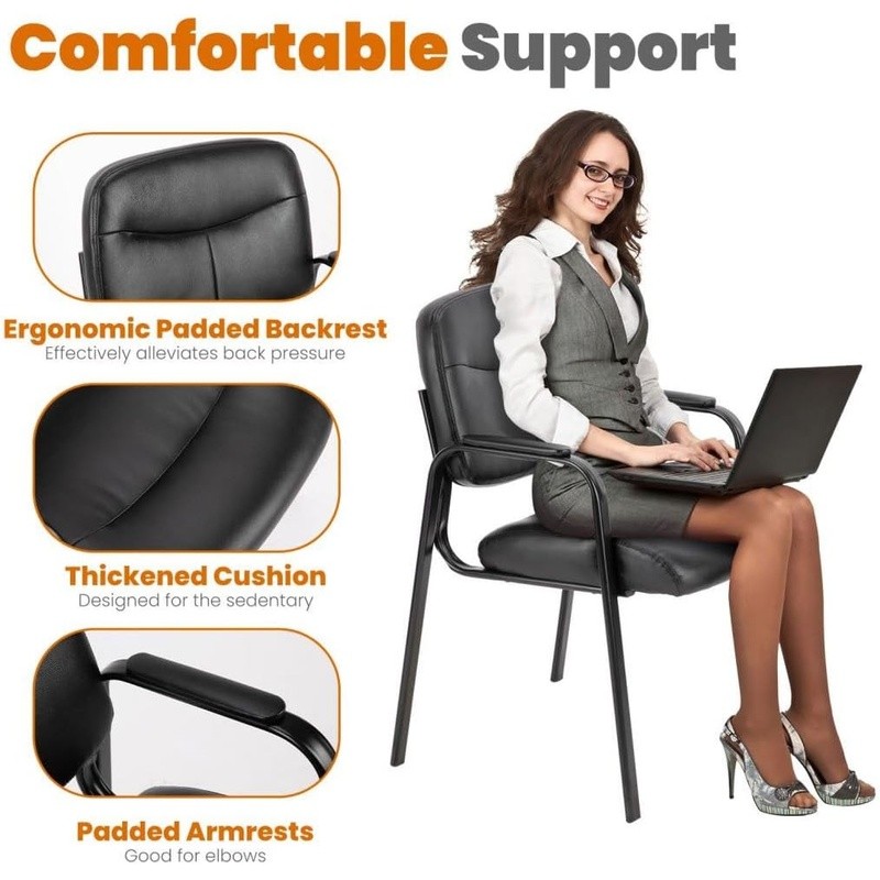 Black Leather Reception Chair Office Meeting Padded Arms No Wheels Durable New gallery