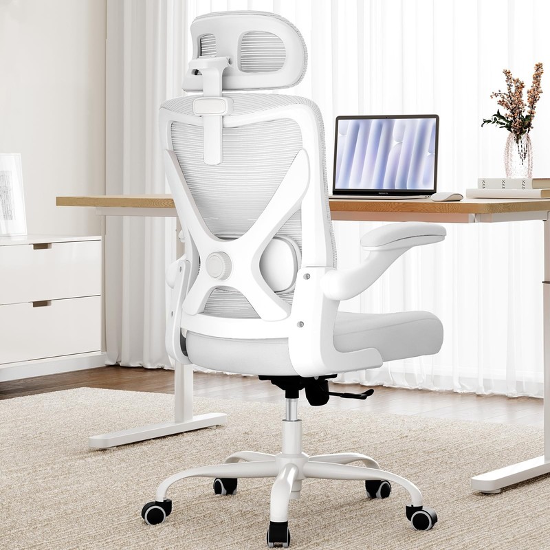 White Ergonomic Office Chair Mesh Desk Chair Comfy with Adjustable Lumbar