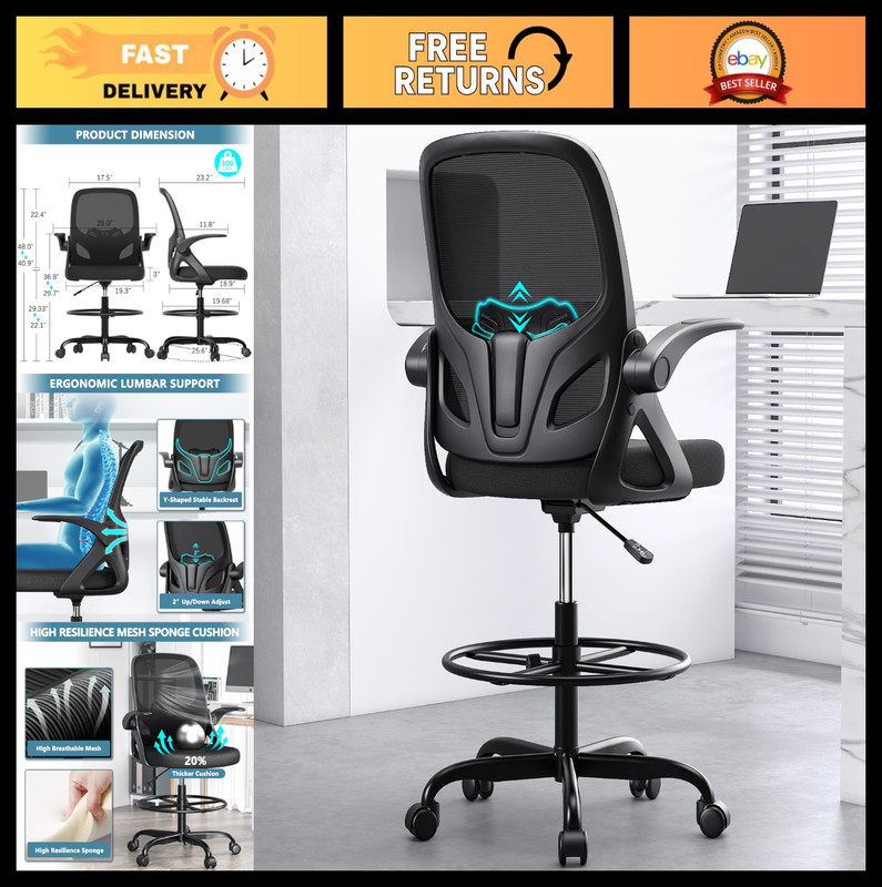 Ergonomic Drafting Chair with Adjustable Foot Ring & Flip-up Armrests, 300 LBS C