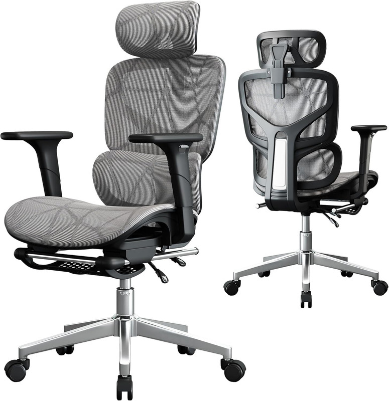 Ergonomic Office Chair with 3D Lumbar Support and Adjustable Features, Grey