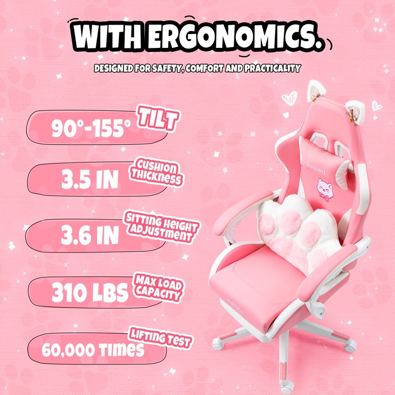 Pink Cat Ears Gaming Chair PU Leather Reclining Office Chair Footrest gallery