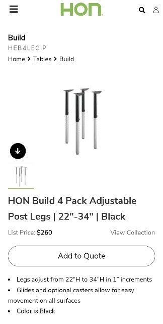 HON HEB4LEG.P 22″ to 34″ High Build Adjustable Post Legs – Back (4/PK) New