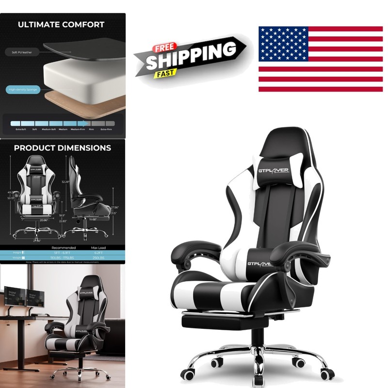 White Gaming Chair with Headrest and Armrests Faux Leather for Office and Gaming