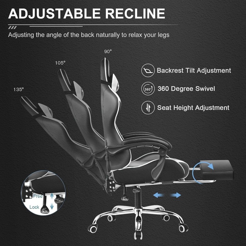 Ergonomic Gaming Chair, Reclining, Footrest, Lumbar Support, White gallery
