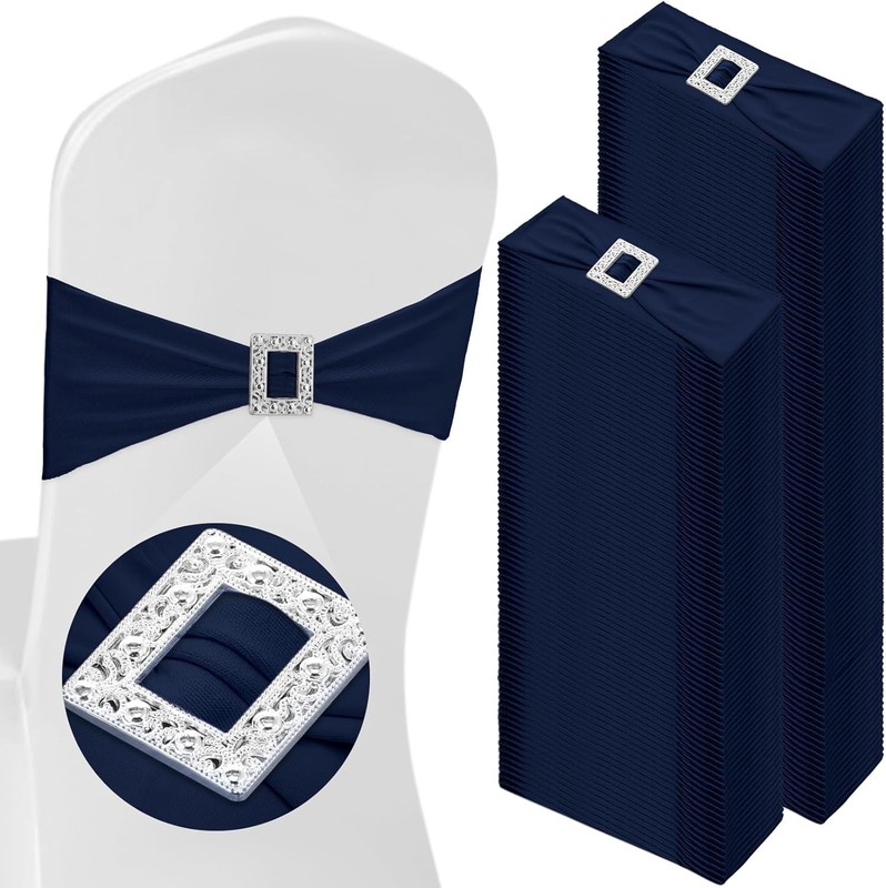 VitalCozy 150 Pcs Spandex Chair Sashes with Square Buckle Slider Navy Blue