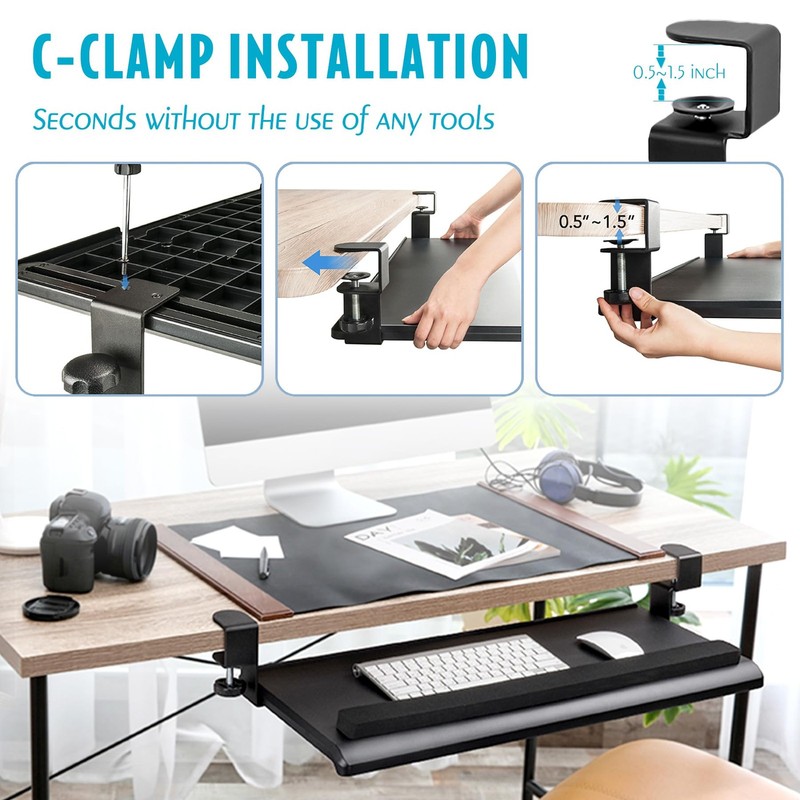 Large Ergonomic C-Clamp Keyboard Tray Mount Under Desk with Wrist Rest, Slide... gallery