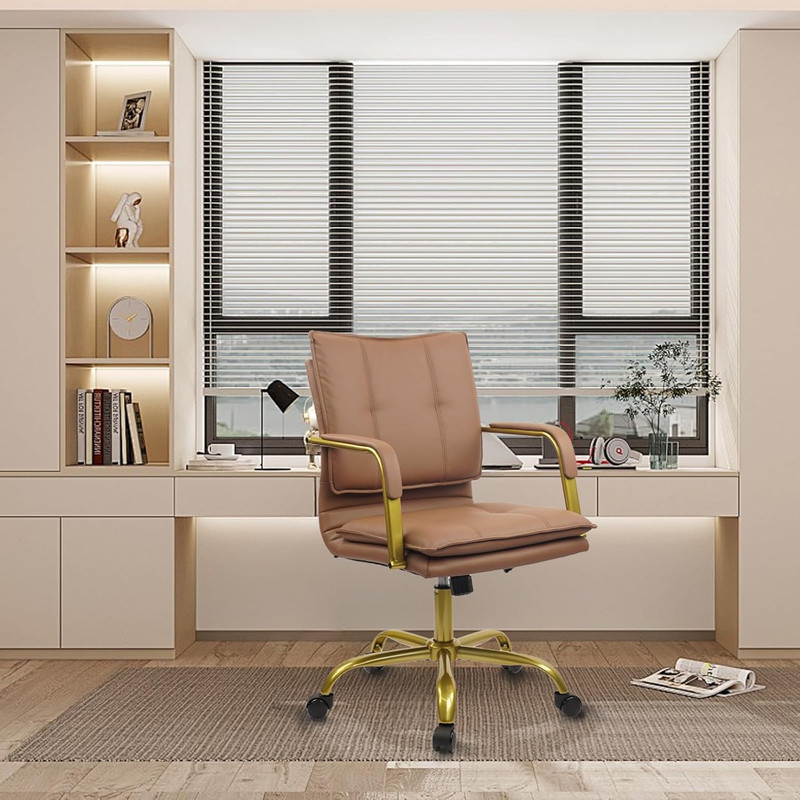 Leather Home Office Desk Chairs, Swivel Mid-Back Computer Chair with Golden Legs gallery
