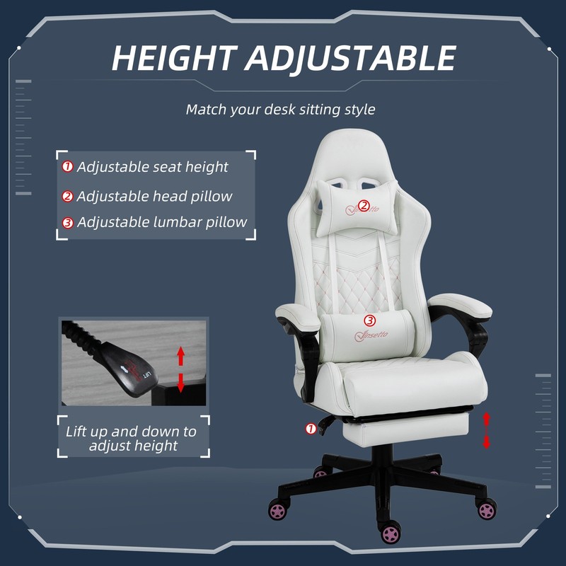 Racing Gaming Chair w/ Padded Arms, PU Leather Gamer Recliner Home Office White gallery