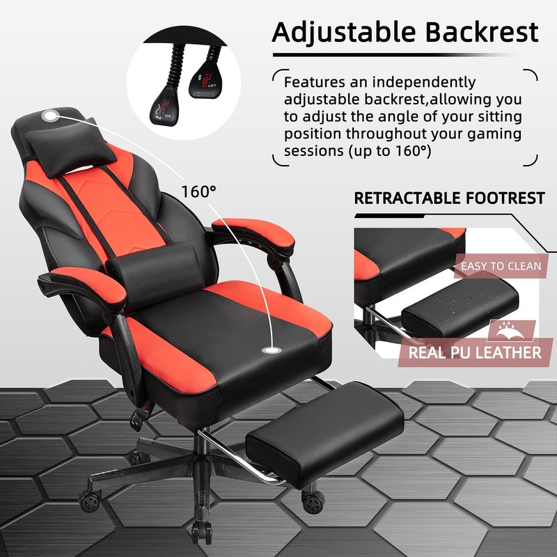 Gaming Chair with Footrest, Massage Lumbar Support, Height Adjustment, and 36... gallery