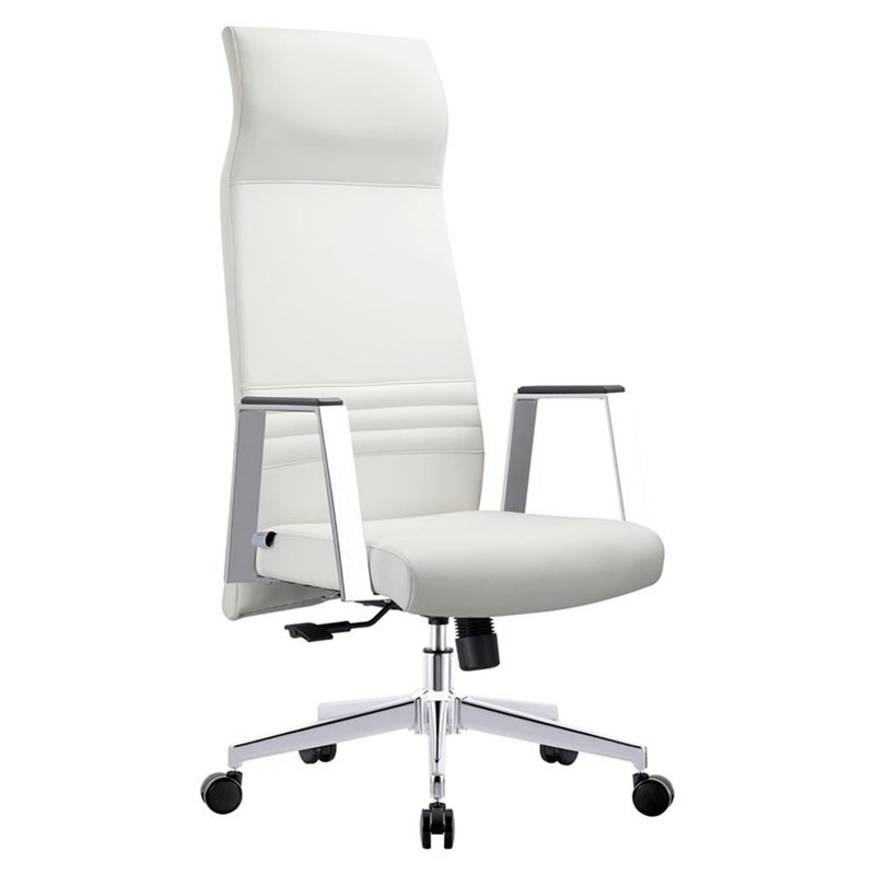 LeisureMod Aleen High-Back Faux Leather & Iron Swivel Office Chair in White