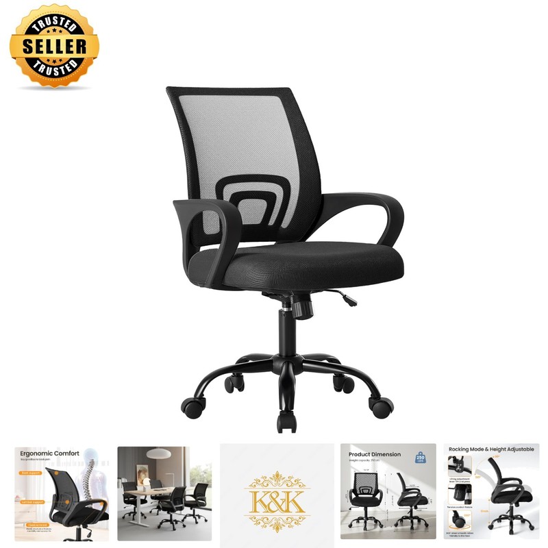 Breathable Mesh Ergonomic Desk Chair with Fixed Armrest & Rolling Wheels, Black
