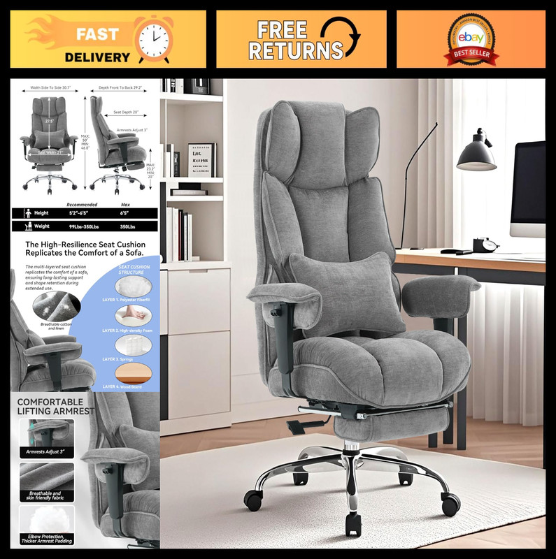 Soft-Cushioned Executive Office Chair with Foot Rest, Big & Tall Computer Chair,