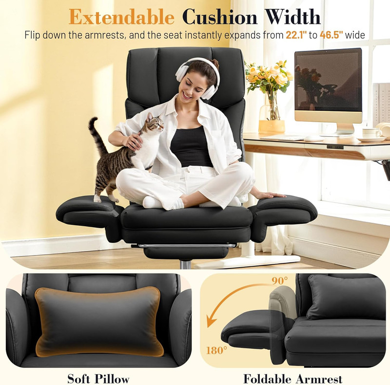 Big & Tall Office Chair, 400LBS, Leather, Reclining, w/ Footrest, Black gallery