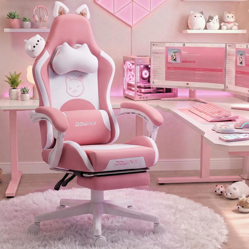 Dowinx Pink Gaming Chair with Cat Ears and Massage Lumbar Support, Ergonomic Com