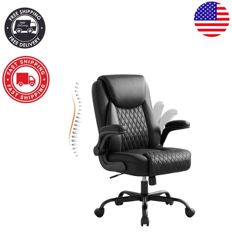 Ergonomic Black Leather Office Chair with Flip-Up Arms - Heavy Duty Comfort