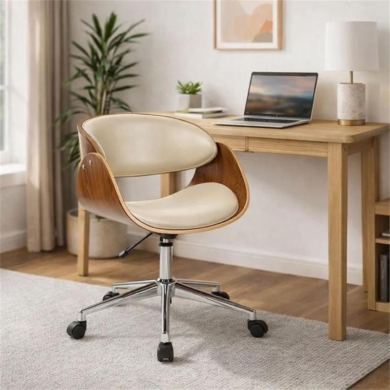Pemberly Row 23 Inch Swivel Office Chair in Beige Faux Leather and Brown Wood gallery