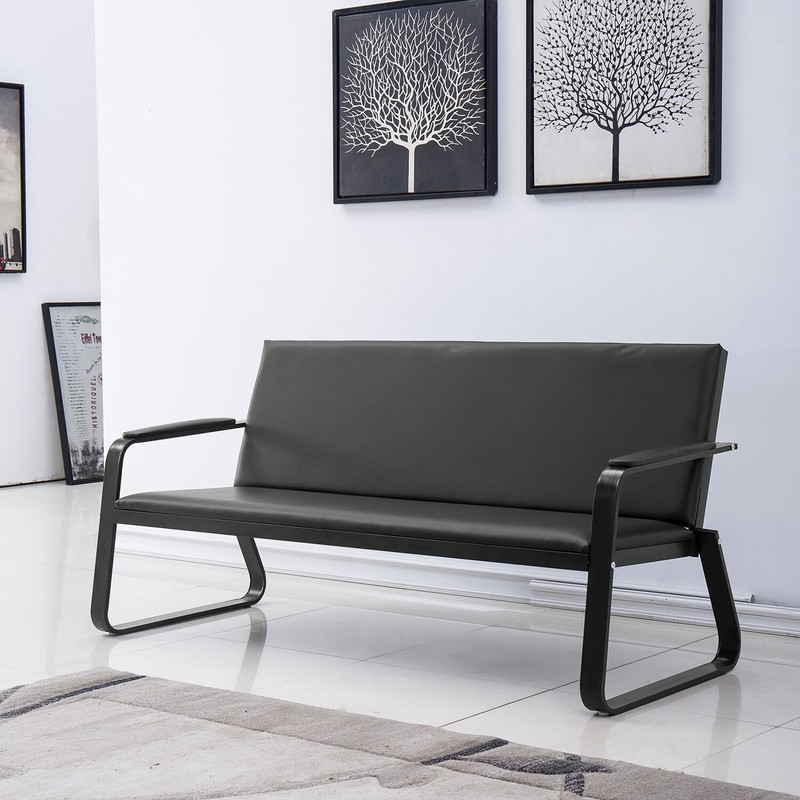 Black Reception Bench Chair Office Guest Waiting Room PVC Leather Steel Frame