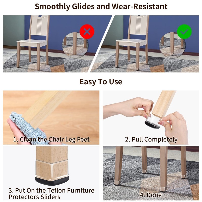 Ezprotekt Chair Leg Sliders for Carpet, 24 Pcs Square L-Clear, L-clear gallery