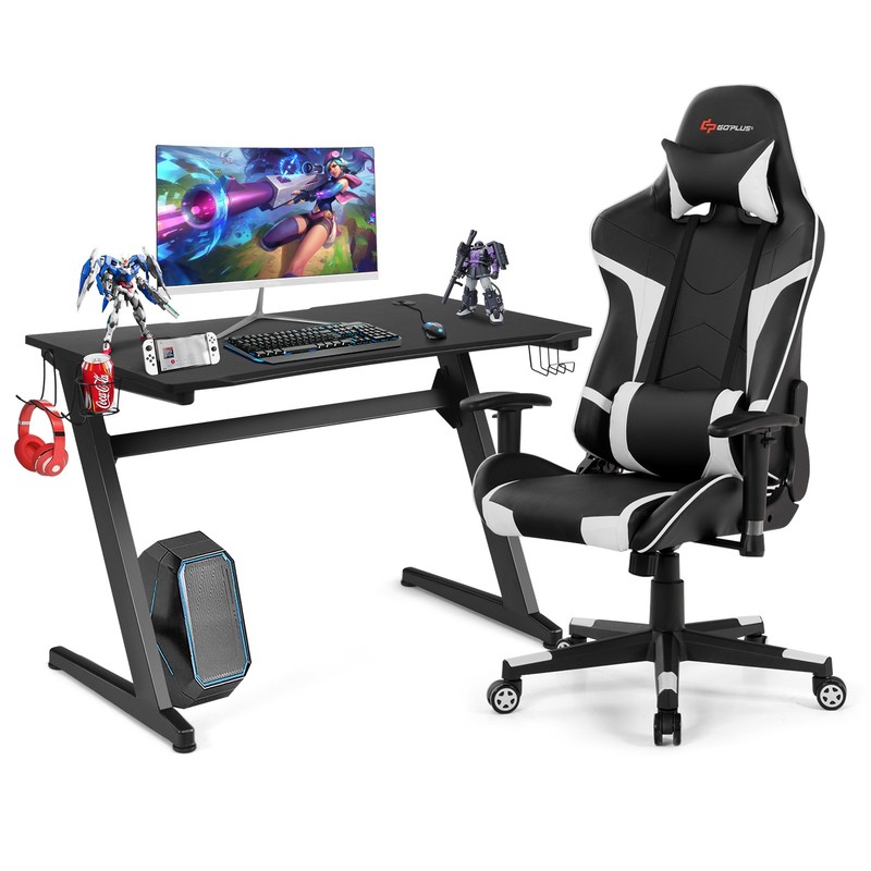 Z-Shaped Racing Style Desk & Massage Gaming Chair Set for Home Office