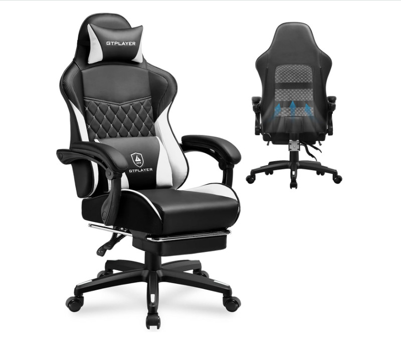 GTPLAYER Gaming Chair w/ Footrest, Height Adj, Lumbar Support, Removable Cover