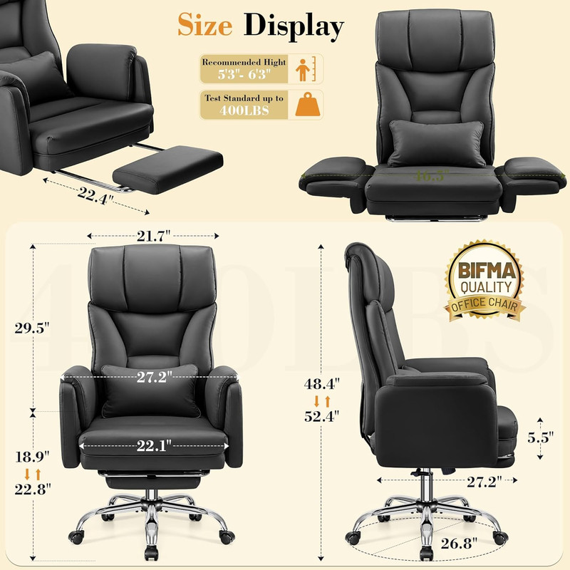 Big & Tall Office Chair, 400LBS, Leather, Reclining, w/ Footrest, Black gallery