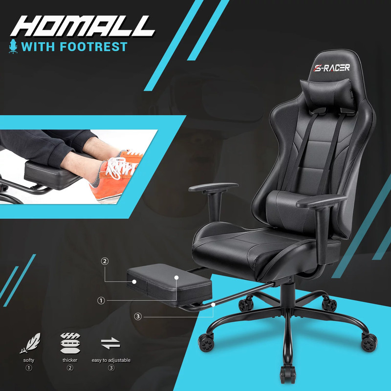Back Gaming PU Leather Chair with Footrest Chair Massage Office Chair High Blac gallery