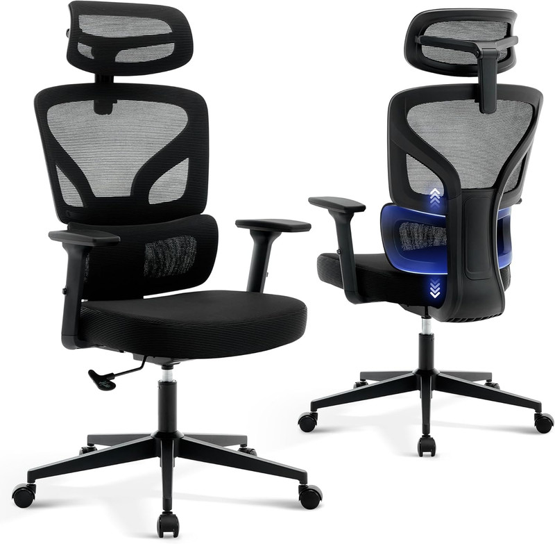 Ergonomic Office Chair with Adjustable Lumbar Support & Headrest - Mesh Design