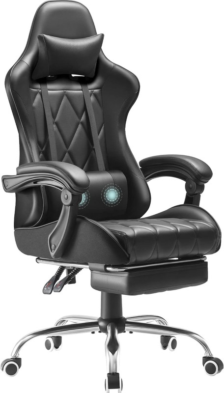 Ergonomic Gaming Chair with Footrest, Massage Support & Headrest – Black