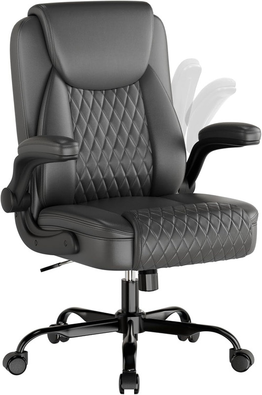 Heavy Duty Ergonomic Office Chair 400Lbs, Gray PU Leather, Flip-Up Arms