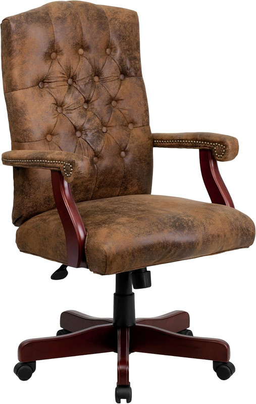 Derrick Traditional Microfiber Tufted Swivel Office Chair with Wood Base, Ergono