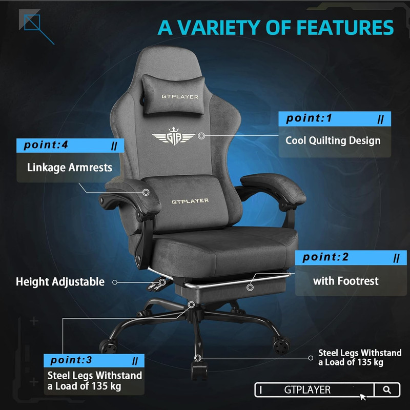 Big & Tall Gaming Chair with Footrest, 350LBS Capacity, Dark Grey gallery