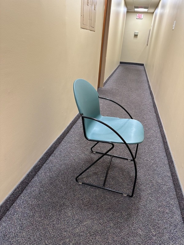 Steelcase Tom Grasman Steel Frame Teal Molded Plastic Stackable Chair Set of 8 gallery