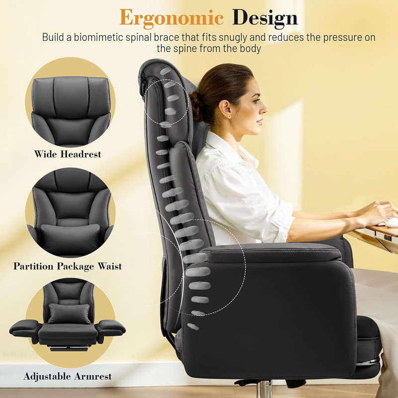 Big & Tall Office Chair, 400LBS, Leather, Reclining, w/ Footrest, Black gallery