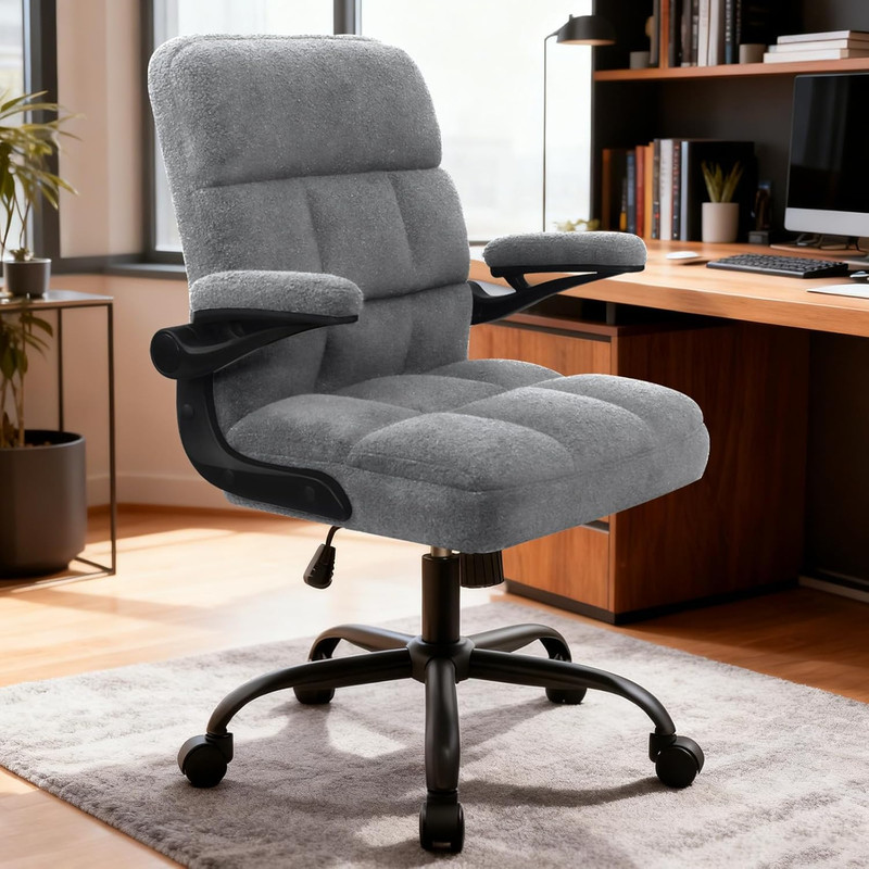 Ergonomic Rolling Office Chair with Flip-Up Armrests - Light Gray Teddy Fleece